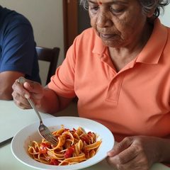 A woman in her eighties eating a bowl of pasta with tomato sauce at a table