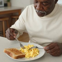 A man in his late sixties eating a plate of scrambled eggs and toast at a table