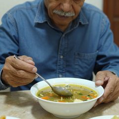 A man in his seventies eating a bowl of vegetable soup at a table